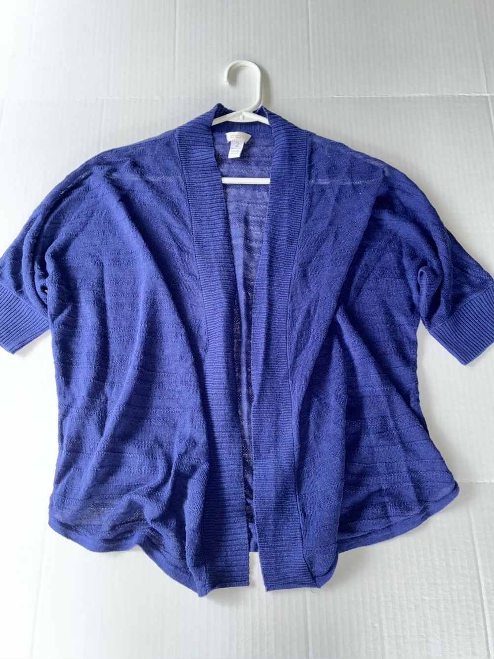 Chico’s Women’s Short Sleeve Open Front Cardigan Size 2 Blue Linen & Cotton
